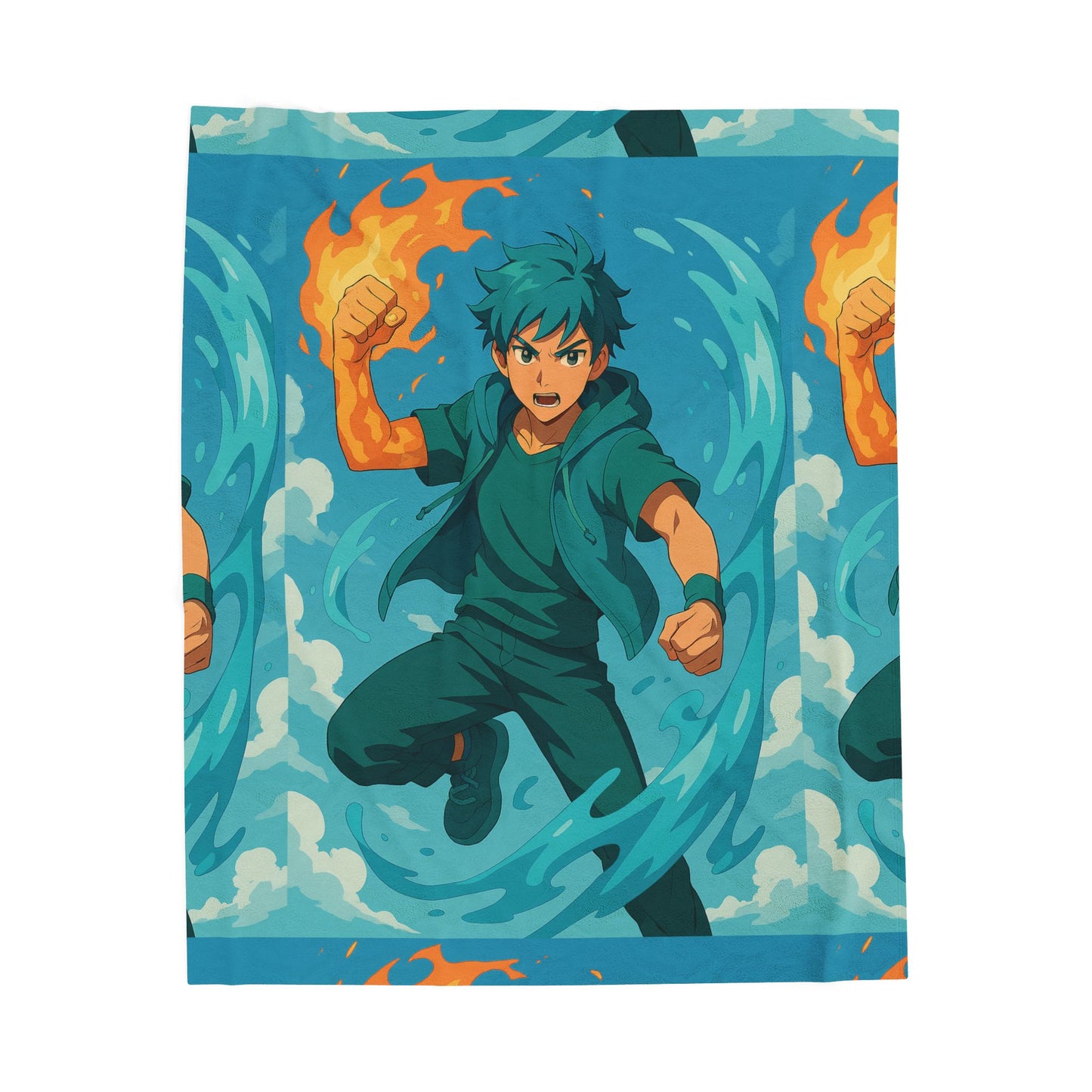 Anime Fire & Water Velveteen Plush Blanket – Action Hero Pattern