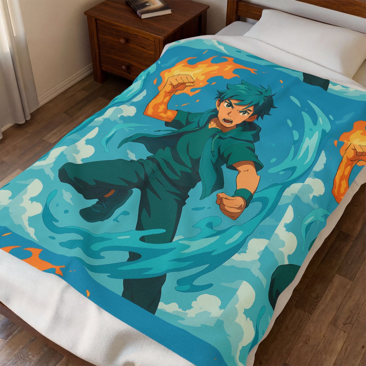 Anime Fire & Water Velveteen Plush Blanket – Action Hero Pattern